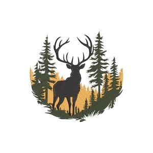Può includere: Silhouette nera di un cervo con grandi corna in una scena forestale. Il design presenta pini verde scuro e fogliame giallo dorato, il tutto su sfondo bianco. Adatto per prodotti a tema natura.