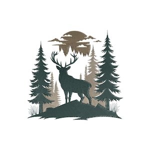 May include: A forest scene silhouette featuring a deer with large antlers standing on a rocky hill. The design includes pine trees, a sun, and clouds in shades of green, brown, and tan.