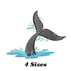May include: An embroidered design of a whale tail emerging from water, with splashes and droplets in shades of blue. The tail is dark grey with textured details. The text "4 Sizes" is below the image.