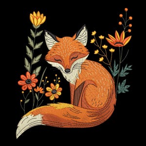 May include: Embroidered design of a sleeping fox with orange fur, white accents, and closed eyes, surrounded by colorful flowers and foliage. The artwork is set against a solid black background.