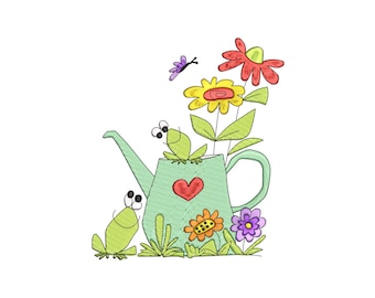 Gieter met bloemen en kikkers borduurontwerp, bloemen gieter machineborduurontwerp, 4 maten, direct downloadbestand