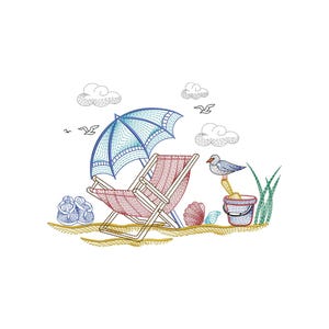 May include: An embroidered beach scene with a blue umbrella, red and white striped beach chair, and a seagull perched on a bucket. The scene includes clouds, seashells, and grass, all on a sandy background.