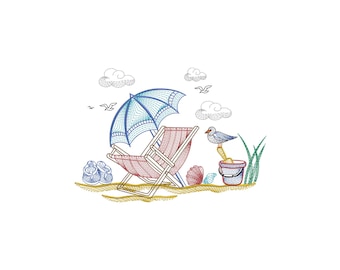 Beach Time Embroidery Design, Umbrella and Chairs Beach Scene Machine Embroidery Design, 4 Sizes, Instant Download File