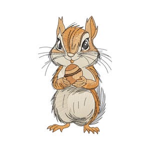 May include: An embroidered design of a chipmunk holding a striped nut. The chipmunk has brown and tan fur, with long whiskers and a happy expression. The design is on a white background.
