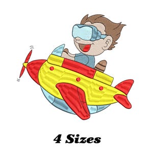 May include: Embroidered design of a cartoon child wearing goggles and flying a red, yellow, and blue airplane. The propeller is red. The text "4 Sizes" is below the image.
