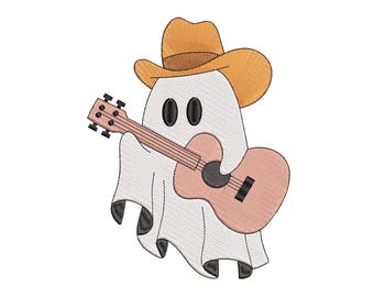 Disegno da ricamo di Halloween con fantasma cowboy spaventoso che suona la chitarra, disegno da ricamo a macchina con fantasma cowboy di Halloween, 4 misure, download immediato