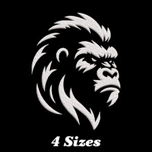 May include: A white silhouette of a gorilla's head with a fierce expression. The gorilla's head is facing to the right. The image is on a black background. 4 Sizes
