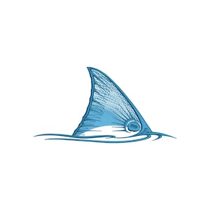 May include: A blue illustration of a fish fin emerging from the water. The fin is detailed with lines, and the water is represented by curved lines. The background is plain white.