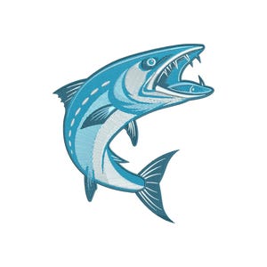 Könnte beinhalten: Stilisierte Illustration eines Barrakudas in Blau- und Weißtönen, mit geöffnetem Maul und scharfen Zähnen. Der Fisch springt nach oben, die Schwanzflosse ist ausgestreckt.