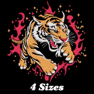 May include: A fierce orange and white tiger with a black nose and black stripes is leaping through a red and white flame design. The tiger has a snarling expression and is surrounded by small white stars. The text "4 Sizes" is below the image.