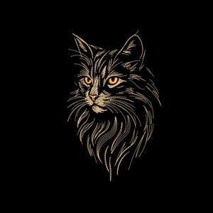 Puede incluir: Ilustración detallada de la cabeza de un gato, representada en oro sobre un fondo negro. El pelaje del gato está meticulosamente representado con finas líneas, y sus ojos son de un llamativo color ámbar. La obra de arte tiene un aire sofisticado y artístico.