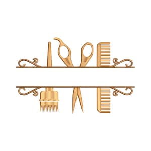 May include: A gold-coloured barber shop logo featuring a comb, scissors, and a hair clipper. The design is split into two sections by a decorative horizontal line with scrollwork. The tools are arranged symmetrically.