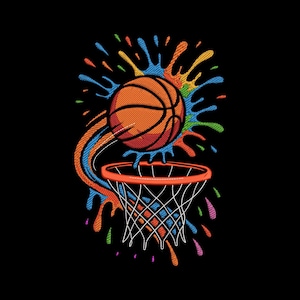 Può includere: Design ricamato di un pallone da basket arancione con linee nere, in procinto di entrare in un canestro. Il design include schizzi di vernice colorati su sfondo nero.