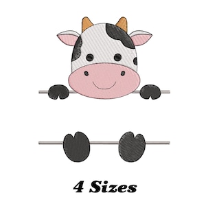 Puede incluir: Diseño bordado de una vaca de dibujos animados con cara blanca, manchas negras y hocico rosa. La vaca se sujeta a una barra horizontal con sus pezuñas delanteras, y sus pezuñas traseras cuelgan por debajo. El texto "4 Sizes" está en la parte inferior.