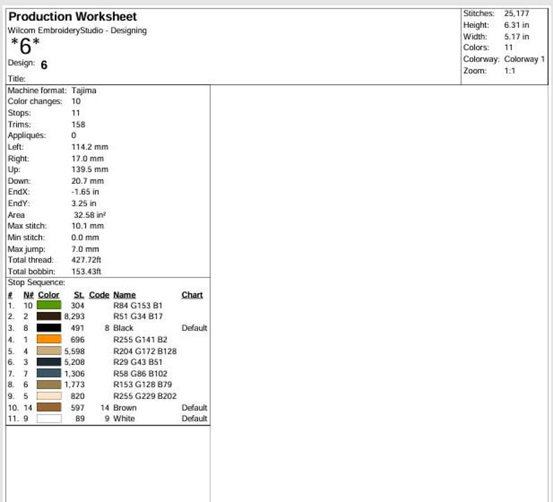 May include: Production worksheet from Wilcom EmbroideryStudio, detailing design specifications. Includes stitch count, dimensions (6.31 inches high, 5.17 inches wide), color information, and thread usage. Features a stop sequence chart with color codes and names.