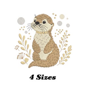 May include: Embroidered design of a cute otter with a light brown and beige color scheme, surrounded by gold-colored floral elements and bubbles. The text "4 Sizes" is displayed below the otter.