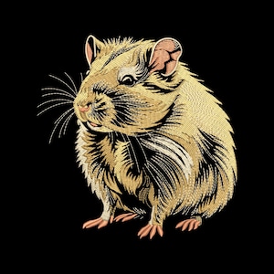 May include: Embroidered image of a hamster in shades of gold and tan, set against a black background. The hamster is depicted with detailed stitching, showcasing its fur, whiskers, and tiny paws. The design is a detailed illustration.