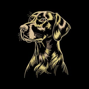Puede incluir: Ilustración bordada de la cabeza de un perro de perfil, con detalles dorados sobre fondo negro. Los rasgos del perro están finamente representados, ofreciendo una estética clásica y detallada.