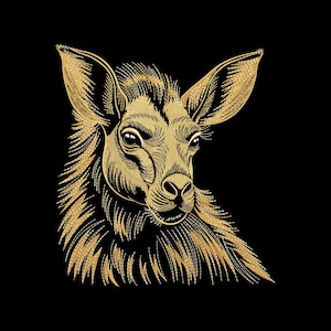 May include: A detailed illustration of a deer's head in gold against a black background. The deer is depicted in a side profile, with intricate line work defining its features, including large ears and expressive eyes. The artwork has a textured, almost embroidered appearance.