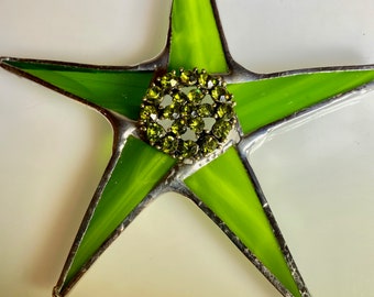 Lucky Charm star- 3.5 inch lime green star with vintage jeweled center