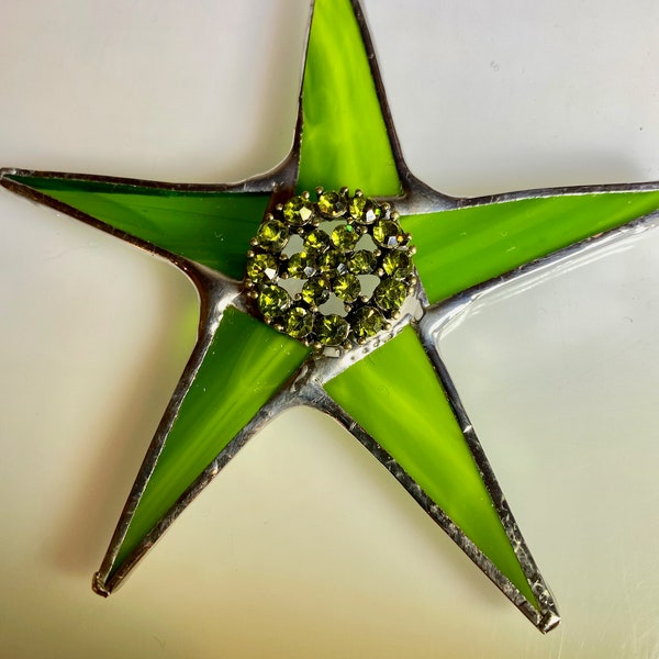 Lucky Charm star- 3.5 inch lime green star with vintage jeweled center