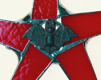 Vampire Star- 5 inch blood red stained glass star with patinaed brass bat center