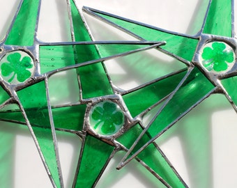 Lucky Star- almost 10 inch stained glass with lokta paper shamrock lacquered to back of glass cabochon