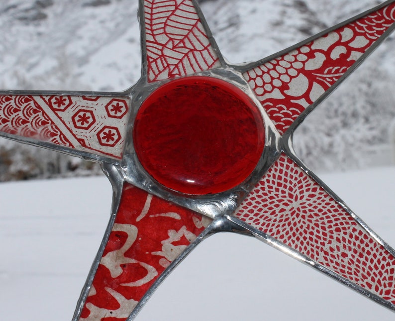 Plump Poinsettia Star lacquered paper on glass, 9 inches image 2