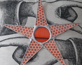 Orange Dotty- 10 inch lacquered glass star with translucent orange art glass cabochon center, Halloween decorations