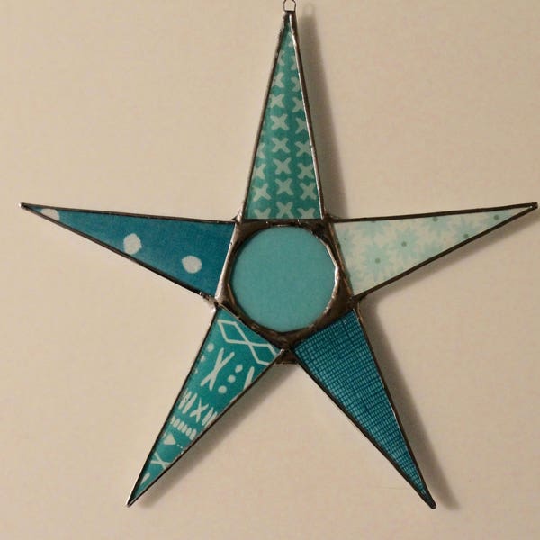 Tiffany times Five- lacquered fabric under glass with art glass cabochon center 10 inch glass star- aqua, teal, turquoise