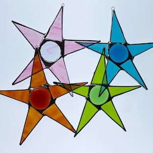 Full-figured stars - 7.5 inch art glass stars in Pale Watermelon, Turquoise, Grass Green, and Bullseye Orangey