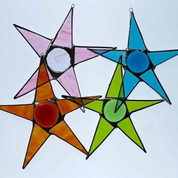 Full-figured Star. Art Glass Star: Pale Watermelon, Turquoise, Green, Orange - 8 Inch