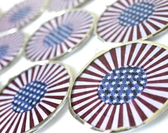 Bunting Boules- 13 red white and blue lacquered glass discs on bakers twine
