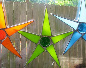 South Pacific Palette- Papaya Orange, Coconut Green and Ocean Turquoise 8 inch stained glass stars