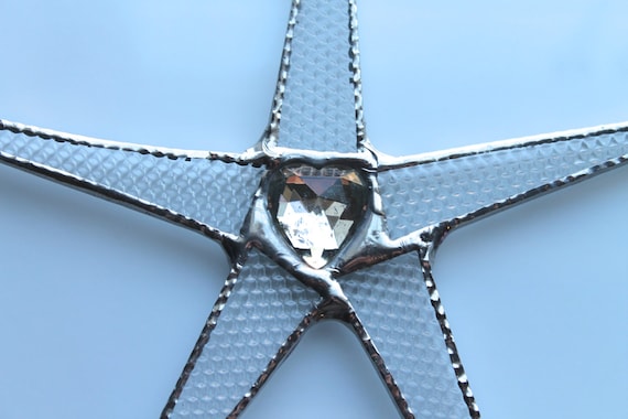 Silver Heart Star- 8 inch clear patterned textured glass points with faceted vintage glass heart