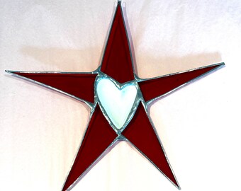 Crazy Love- 13 inch red art glass star with white ceramic heart center