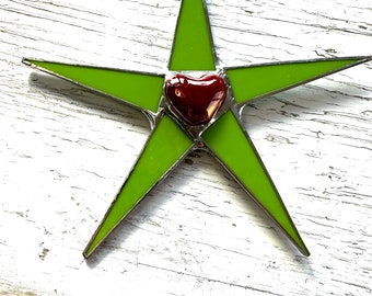 Christmas in Germany star - 8" lime green art glass points with German glass heart center