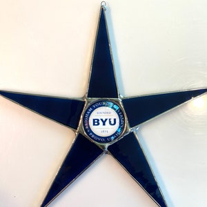 Team Star 9.5 inch art glass star with Team logo lacquered under glass cabochon center image 1