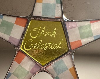 Think Celestial- 10.5 inch glass star with lacquered pastel checkerboard paper under glass points with engraving on pale yellow art glass