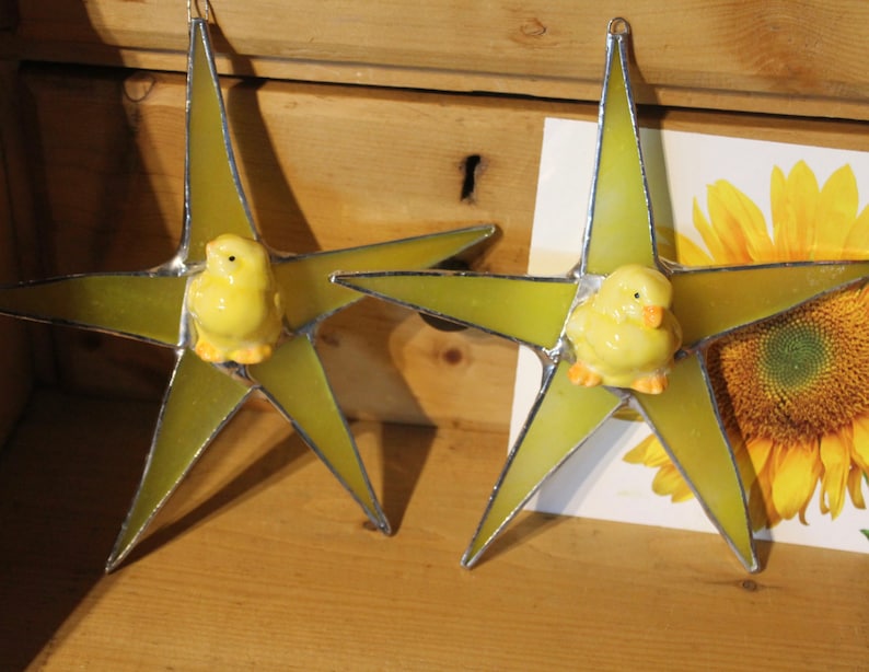 listing for one Chick Star 1 7 inch stained glass star with ceramic chick star