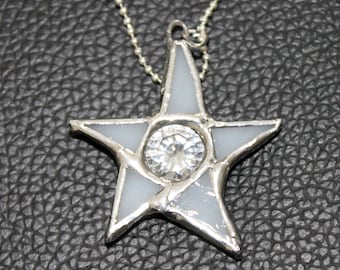 Shining Star Necklace - Cubic Zirconia, stained glass, faux diamond, clear and white with silver ball chain