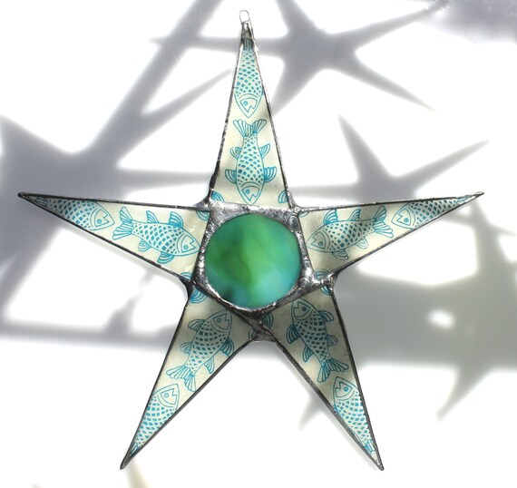 Starfish Star- bluegreen turquoise, fish motif, 9 inch star with 2 inch stained glass center