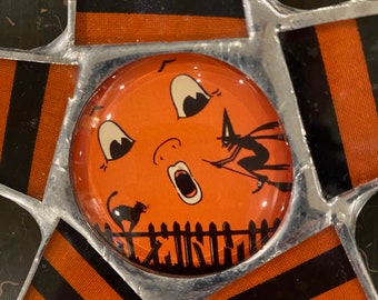 Moon over Halloween- 9.5 inch lacquered fabric under glass points with lacquered image under glass dome center