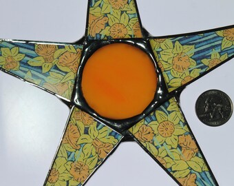 Vintage Spring Star- Liberty of London fabric lacquered on glass points. 10 inch star with art glass cabochon center. Daffodil star
