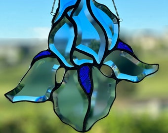 Blue Glass Iris- 9 inch x 10 inch beveled glass iris