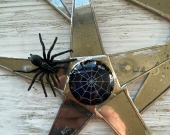 Spider Stars 12" 9" 8" hand made mirrored points with domed spider web center topped with a glitter spider