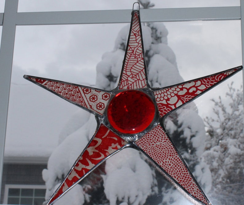 Plump Poinsettia Star lacquered paper on glass, 9 inches image 3