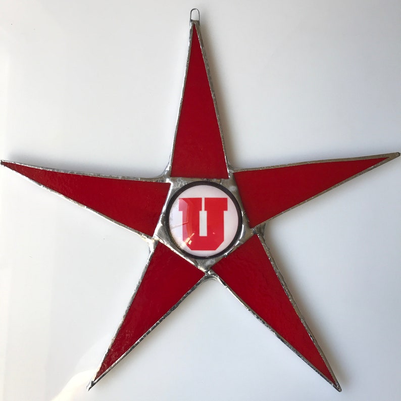 Team Star 9.5 inch art glass star with Team logo lacquered under glass cabochon center image 6