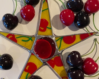 Cherry Star Ornament: Lacquered Paper with Red Glass Center (7.5 inches)