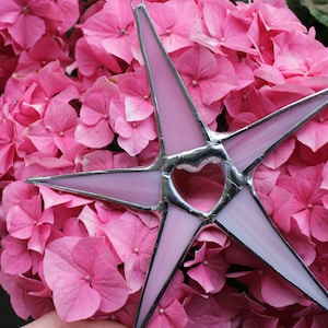 Mary Deane Star- 6" pink stained glass star with pink glass heart center